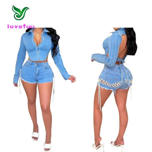 Spring 2024 Women Clothes Backless Bandage Shirt And Denim Shorts Women's Denim Suit Crop Top 2 Piece Shorts Set