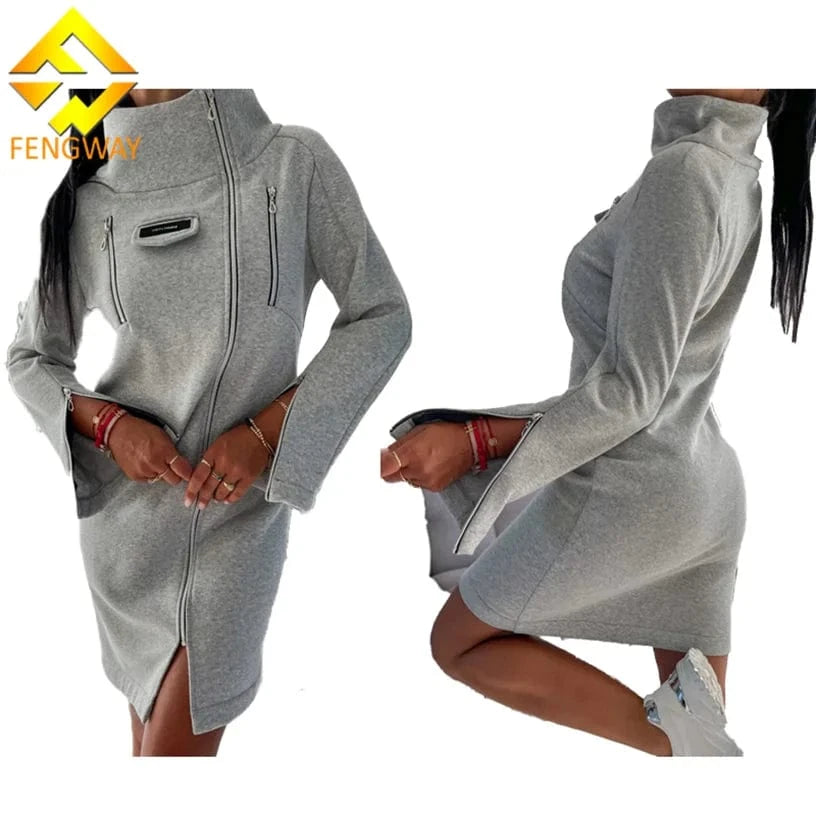 Spring 2024 Women Clothes High Neck Zipper Dress Long Sleeve Casual Dress Women Slim Fit Split Midi Dresses
