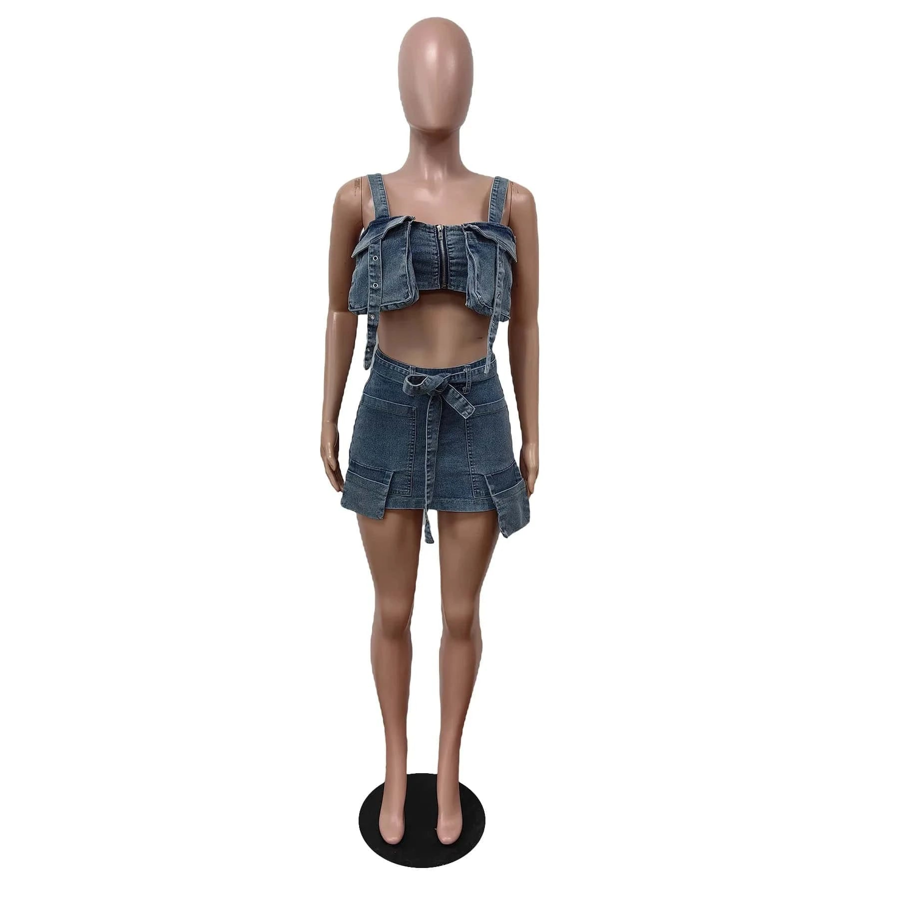 Spring 2024 Women Clothes Sling Tube Top And Mini Skirt Women's Denim Suit Multi Pocket 2 Piece Skirt Set
