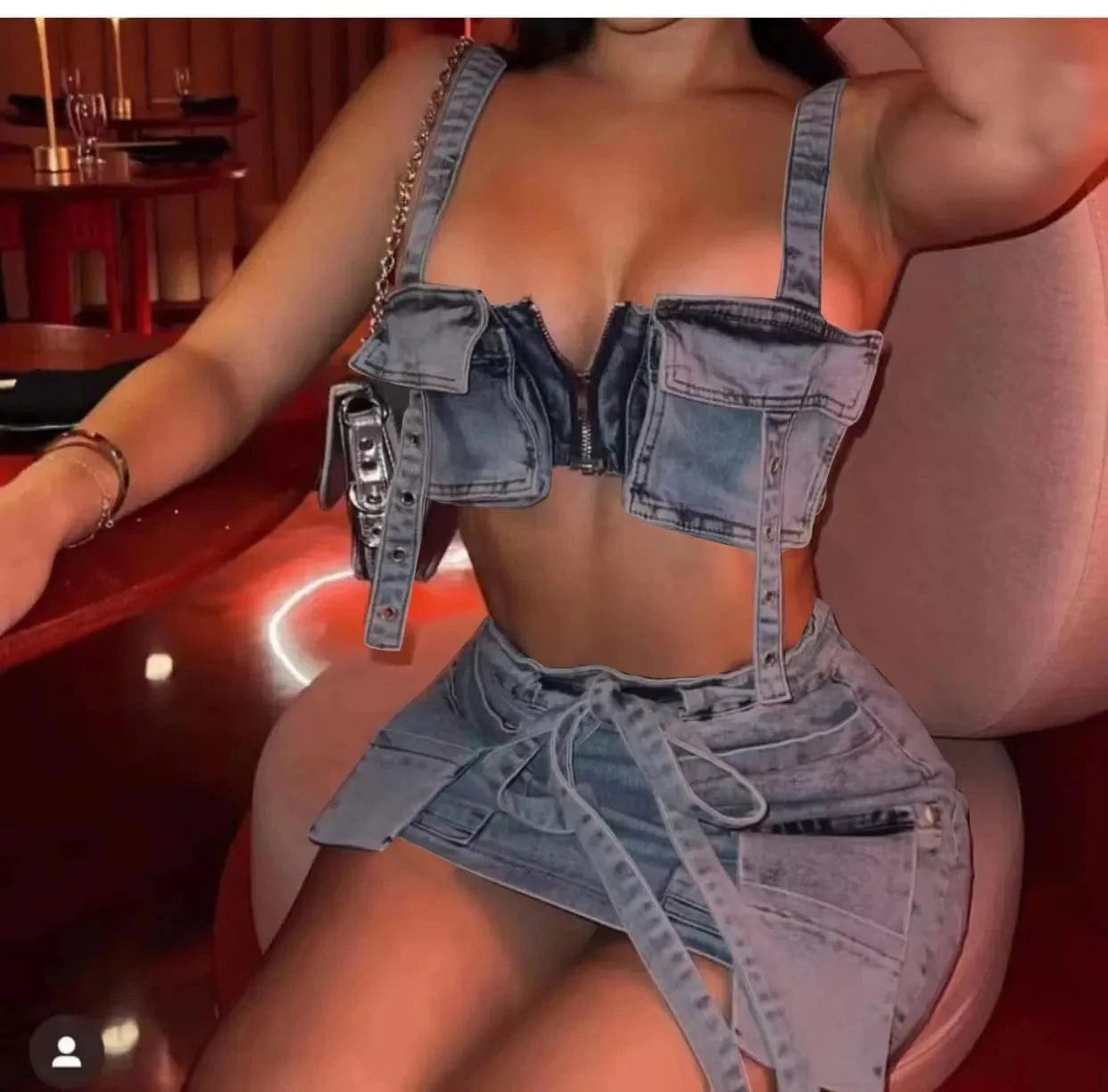 Spring 2024 Women Clothes Sling Tube Top And Mini Skirt Women's Denim Suit Multi Pocket 2 Piece Skirt Set