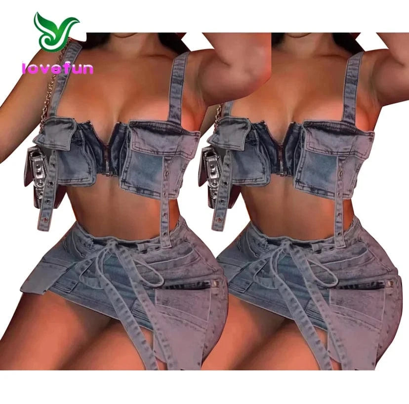 Spring 2024 Women Clothes Sling Tube Top And Mini Skirt Women's Denim Suit Multi Pocket 2 Piece Skirt Set