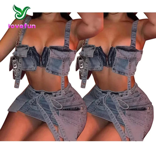 Spring 2024 Women Clothes Sling Tube Top And Mini Skirt Women's Denim Suit Multi Pocket 2 Piece Skirt Set