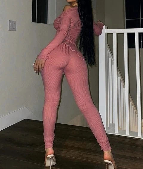 Spring 2024 Women Clothes Solid Color 2 Piece Leggings Set Women's Casual Suit Stretch Ribbed Tight Two Piece Set