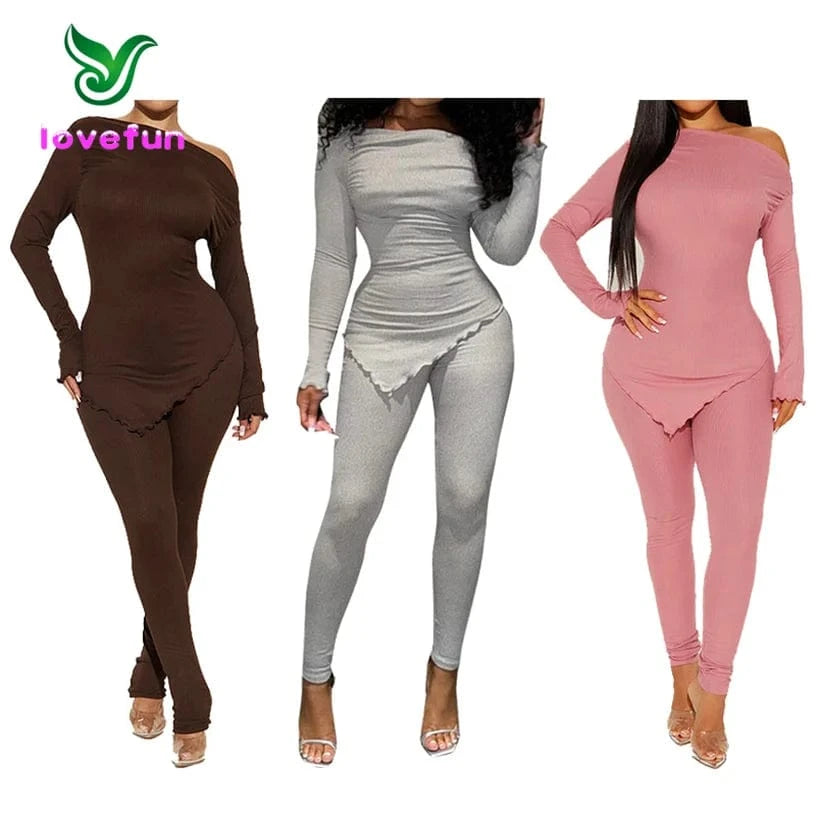 Spring 2024 Women Clothes Solid Color 2 Piece Leggings Set Women's Casual Suit Stretch Ribbed Tight Two Piece Set