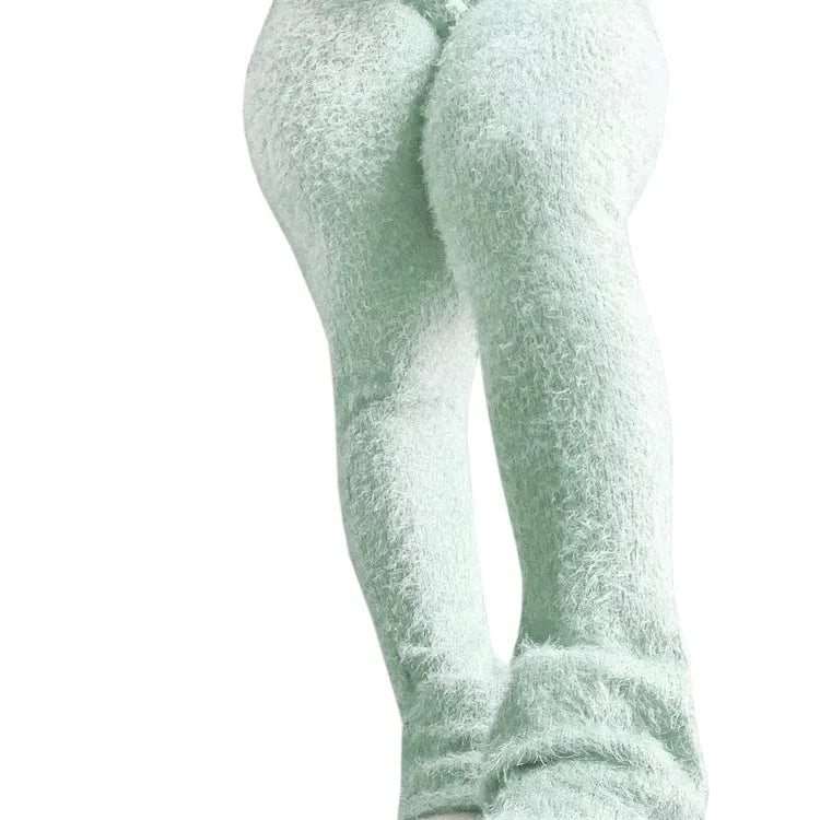 Spring 2024 Womens Street Fashion Fluffy Stacked Jogger Pants Trousers Solid Color Women Bell Bottom Joggers Fuzzy Stacked Pants