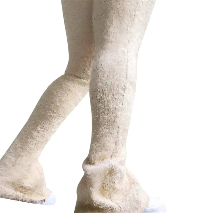 Spring 2024 Womens Street Fashion Fluffy Stacked Jogger Pants Trousers Solid Color Women Bell Bottom Joggers Fuzzy Stacked Pants