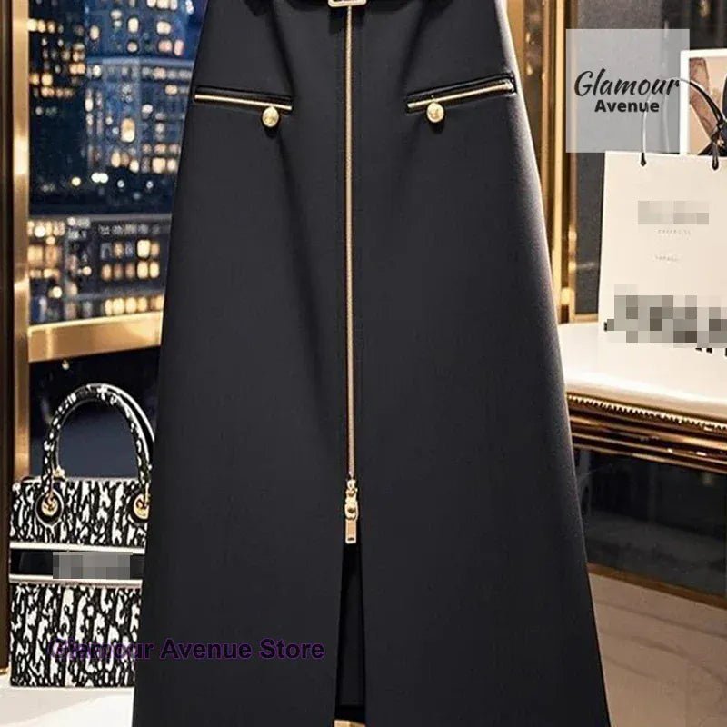 Spring and autumn new plus - size black skirt female Korean fashion design sense small fragrance long zipper hip A - line skirt. - SN Wigs & More