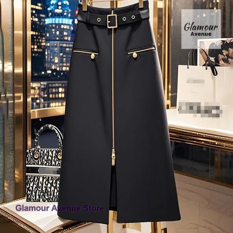 Spring and autumn new plus - size black skirt female Korean fashion design sense small fragrance long zipper hip A - line skirt. - SN Wigs & More