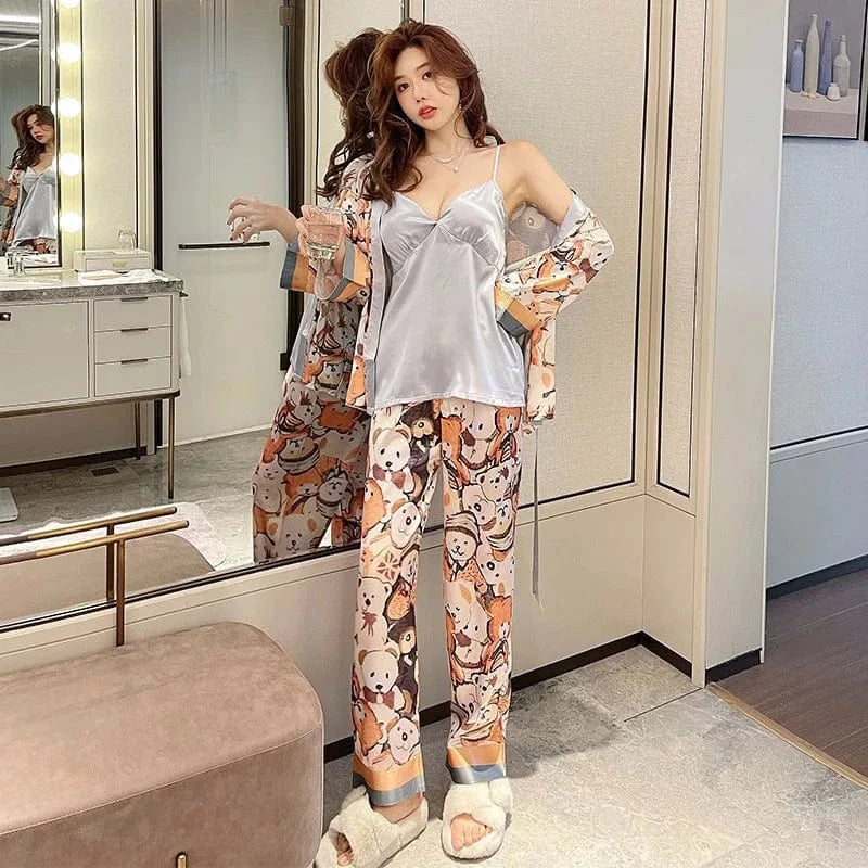 Spring and Summer Feel Very Cold, Silk Pajamas Women Sense Suspenders Pants Three Sets With Chest Pad Long-sleeved Robe