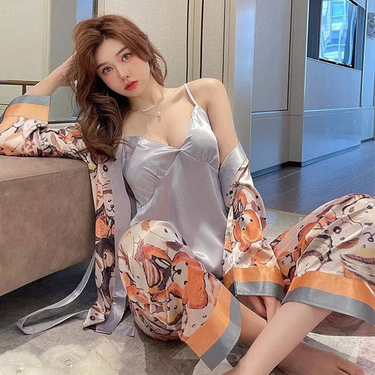 Spring and Summer Feel Very Cold, Silk Pajamas Women Sense Suspenders Pants Three Sets With Chest Pad Long-sleeved Robe
