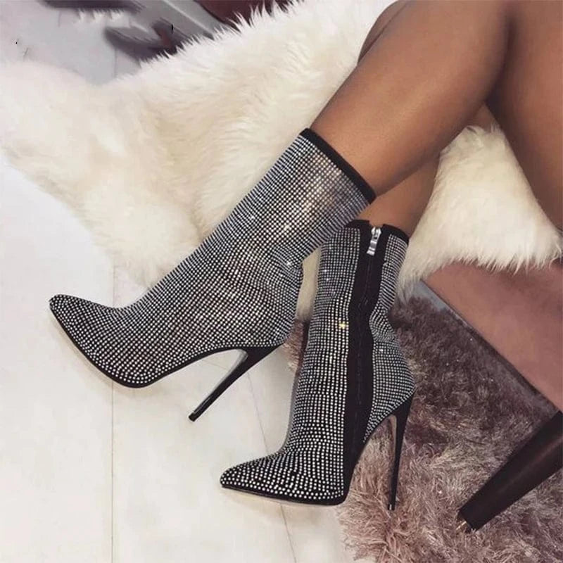 Spring/Autumn 35-42 NEW Ladies Boots Shoes Fashion 2024 Zipper Pointed Toe Patchwork Bling Retro Punk Mid-Calf Chelsea Boots