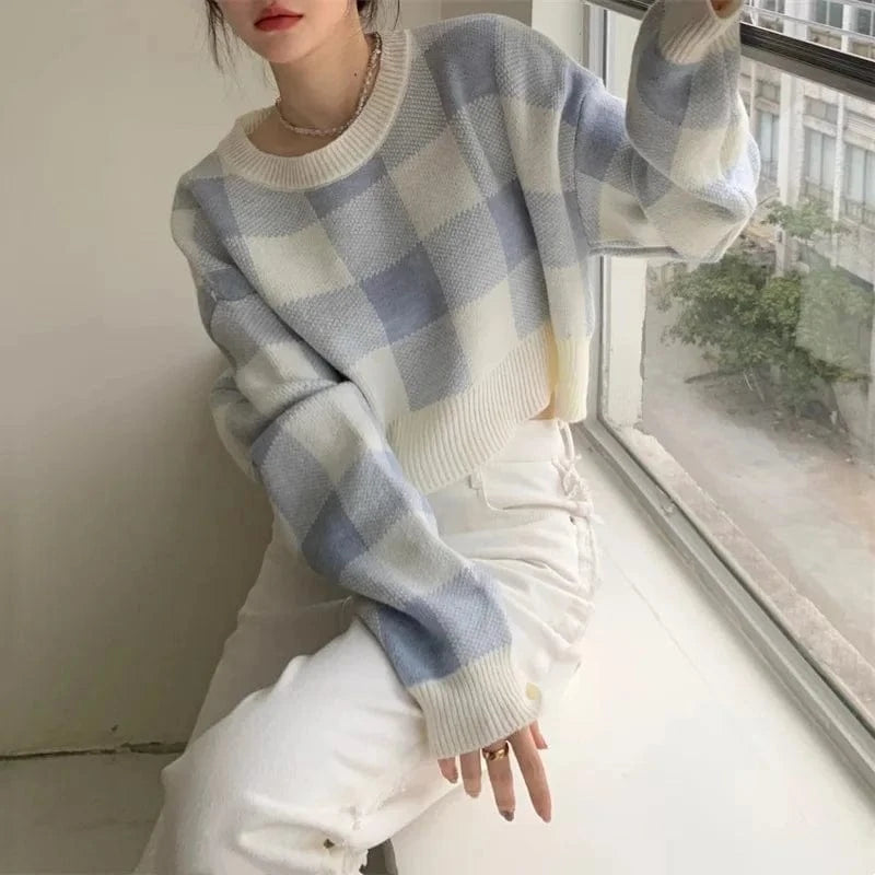 Spring autumn fashion ladies new arrival round neck high-quality simple plaid jacquard long sleeve solid color pullover sweater