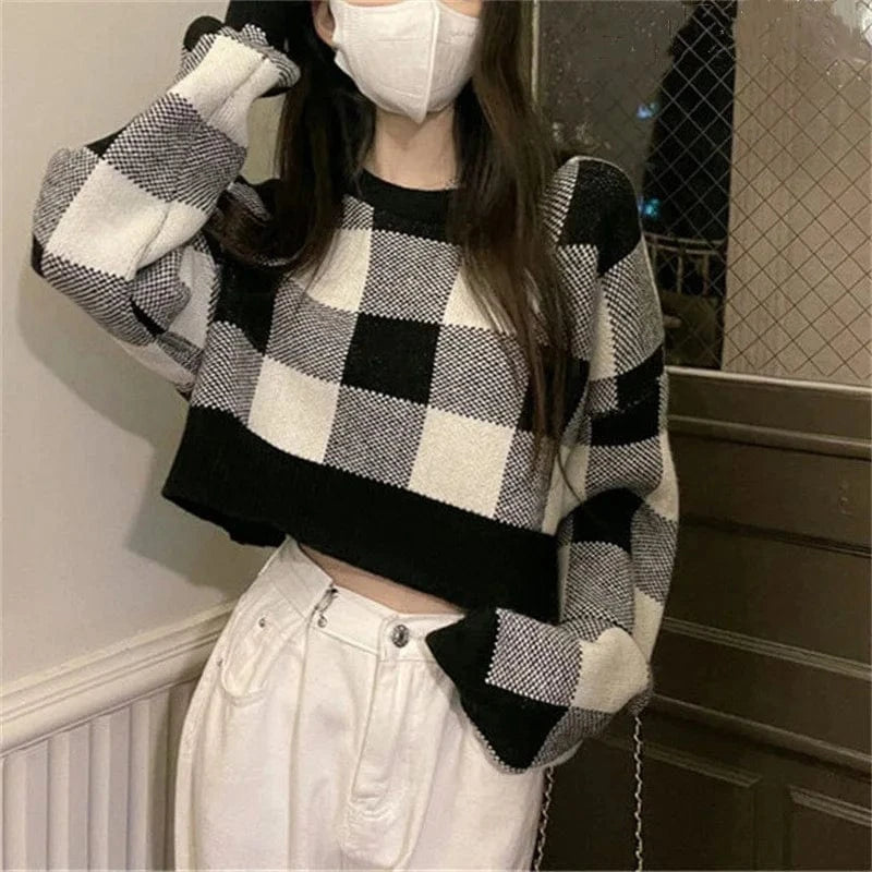 Spring autumn fashion ladies new arrival round neck high-quality simple plaid jacquard long sleeve solid color pullover sweater