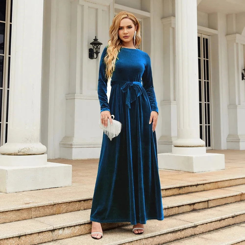 Spring Autumn Hot Sale Velvet Full Sleeve Back Zipper Women Long Casual Dresses Belt Temperament Dress