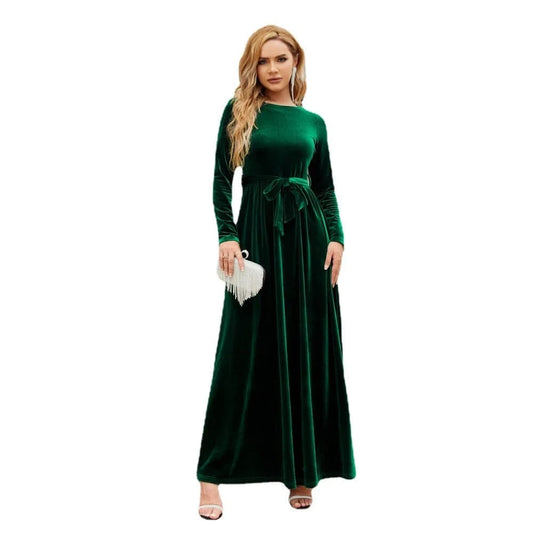 Spring Autumn Hot Sale Velvet Full Sleeve Back Zipper Women Long Casual Dresses Belt Temperament Dress