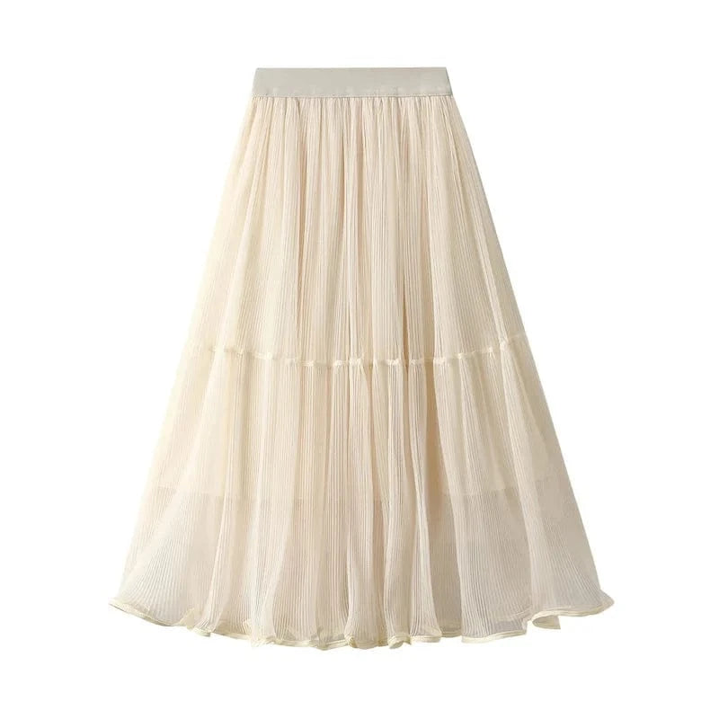 Spring Autumn Mesh Pleated Skirts Ladies Elegant Casual Korean Fashion Mid-Length Slim Long Skirt Women Patchwork Black Faldas