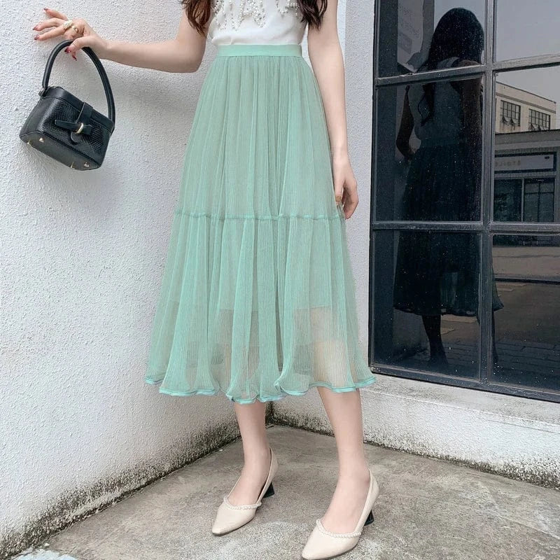 Spring Autumn Mesh Pleated Skirts Ladies Elegant Casual Korean Fashion Mid-Length Slim Long Skirt Women Patchwork Black Faldas