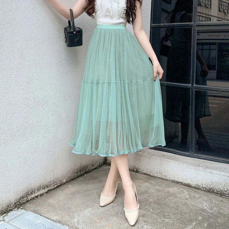 Spring Autumn Mesh Pleated Skirts Ladies Elegant Casual Korean Fashion Mid-Length Slim Long Skirt Women Patchwork Black Faldas