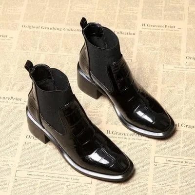 Spring Autumn Thick Heel Women Short Boots Fashion Chelsea Boots British Style Patent Leather Stripe Female Boots