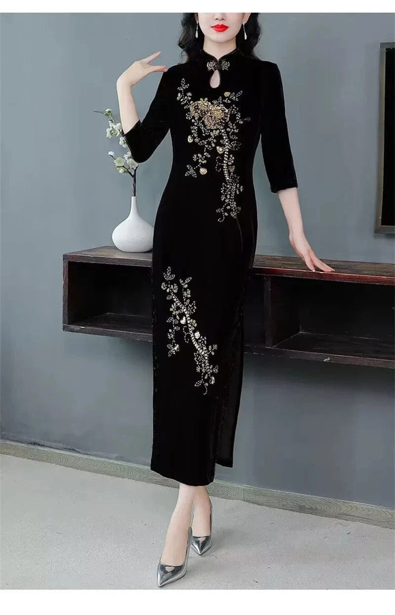 Spring Autumn Women New Embroidered Gold Velvet Cheongsam High-end Temperament Fashionable Wedding Dress Slim Bag Hip Slit Skirt