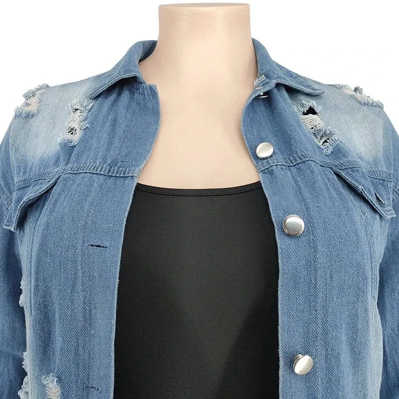 Spring cardigan button long denim Jackets For Women blue ripped Turn-down Collar jeans jacket
