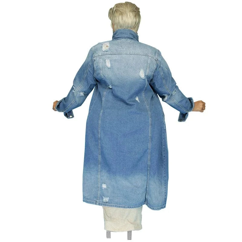 Spring cardigan button long denim Jackets For Women blue ripped Turn-down Collar jeans jacket