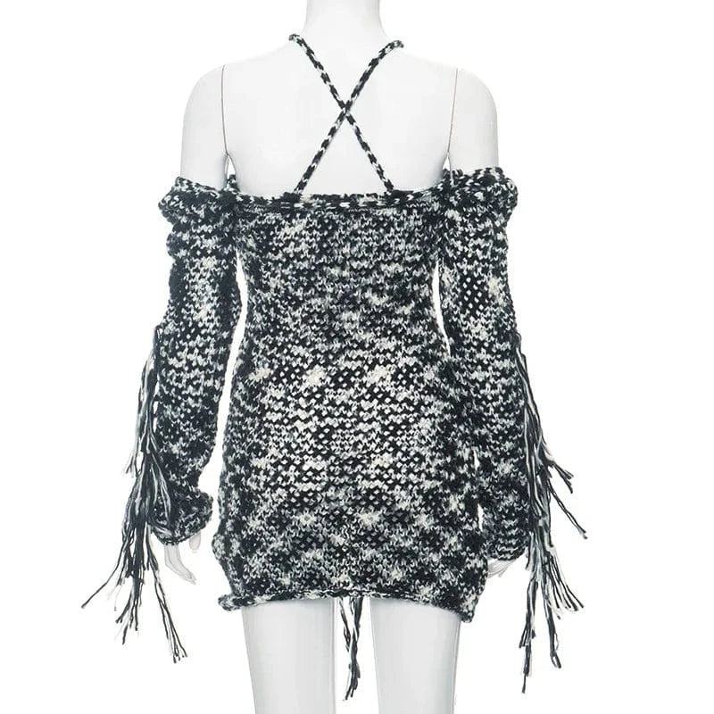 Spring Dresses Women 2024  Cold-Shoulder Trendy Sexy Knitted Dresses for Women Tassel  Fringe Trim Knit Crochet Dress