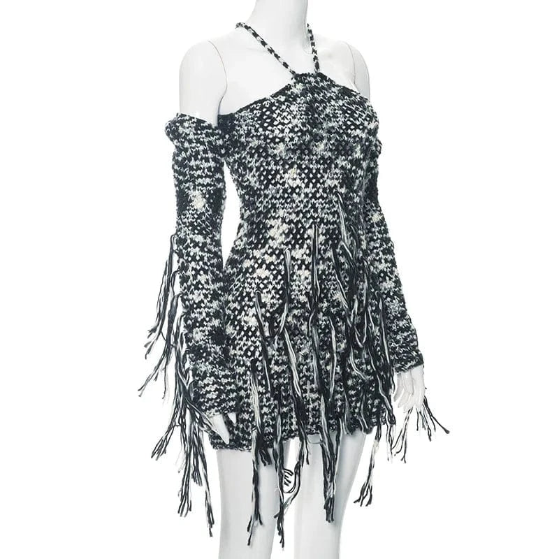 Spring Dresses Women 2024  Cold-Shoulder Trendy Sexy Knitted Dresses for Women Tassel  Fringe Trim Knit Crochet Dress
