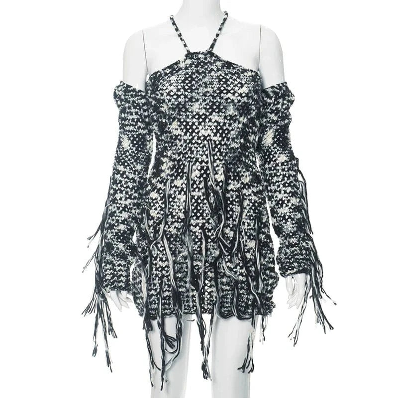 Spring Dresses Women 2024  Cold-Shoulder Trendy Sexy Knitted Dresses for Women Tassel  Fringe Trim Knit Crochet Dress