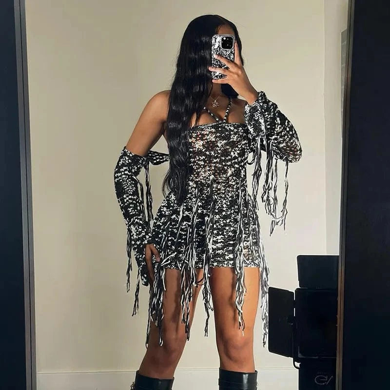 Spring Dresses Women 2024  Cold-Shoulder Trendy Sexy Knitted Dresses for Women Tassel  Fringe Trim Knit Crochet Dress