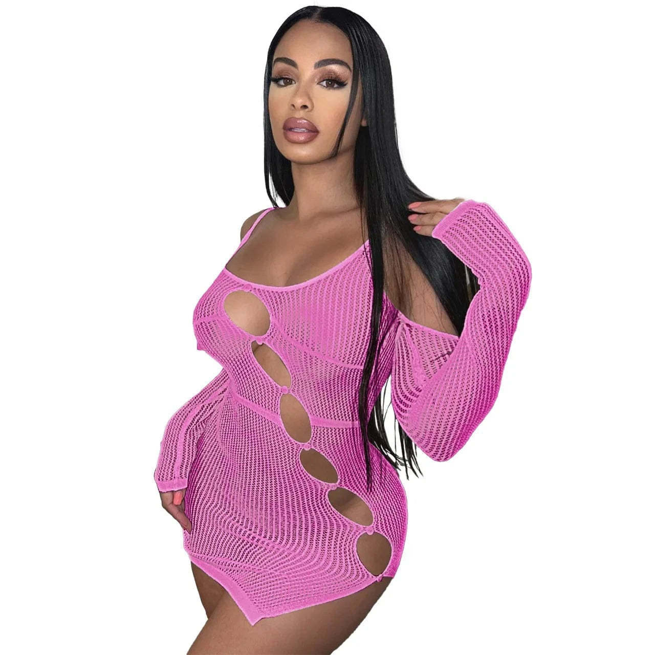 Spring Dresses Women 2024 Ribbed Knit Crochet Dress Sheer Long Sleeves Trendy Sexy Cutout Mini Length Knitted Dresses for Women