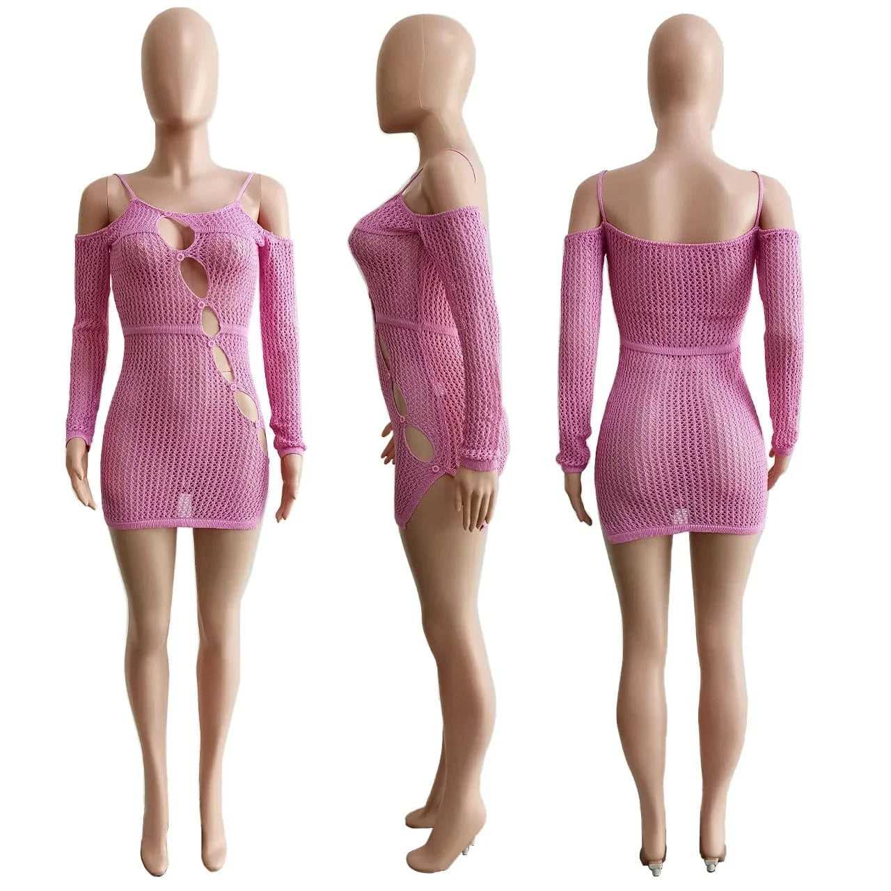 Spring Dresses Women 2024 Ribbed Knit Crochet Dress Sheer Long Sleeves Trendy Sexy Cutout Mini Length Knitted Dresses for Women