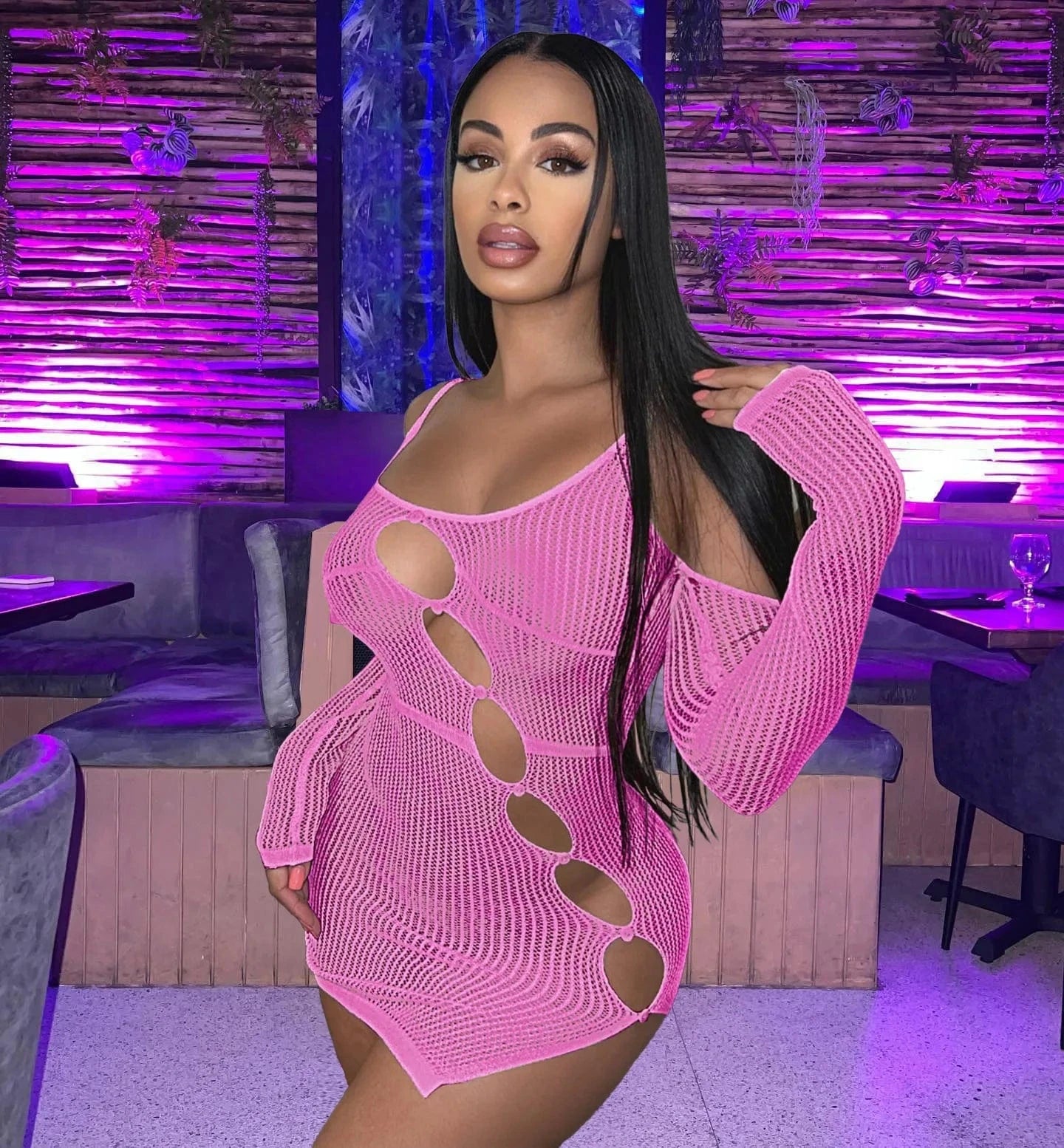 Spring Dresses Women 2024 Ribbed Knit Crochet Dress Sheer Long Sleeves Trendy Sexy Cutout Mini Length Knitted Dresses for Women