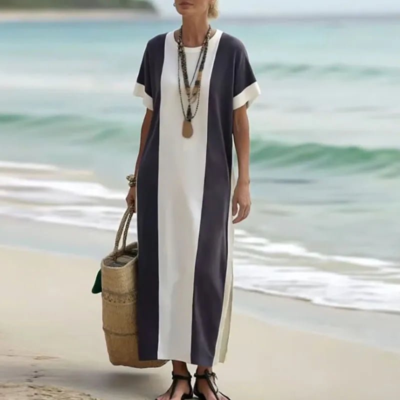 Spring Elegant Crew Neck Holiday Beach Dress Woman Chic Contrast Color Patchwork Long Dress Summer Short Sleeve Split Boho Dress - SN Wigs & More