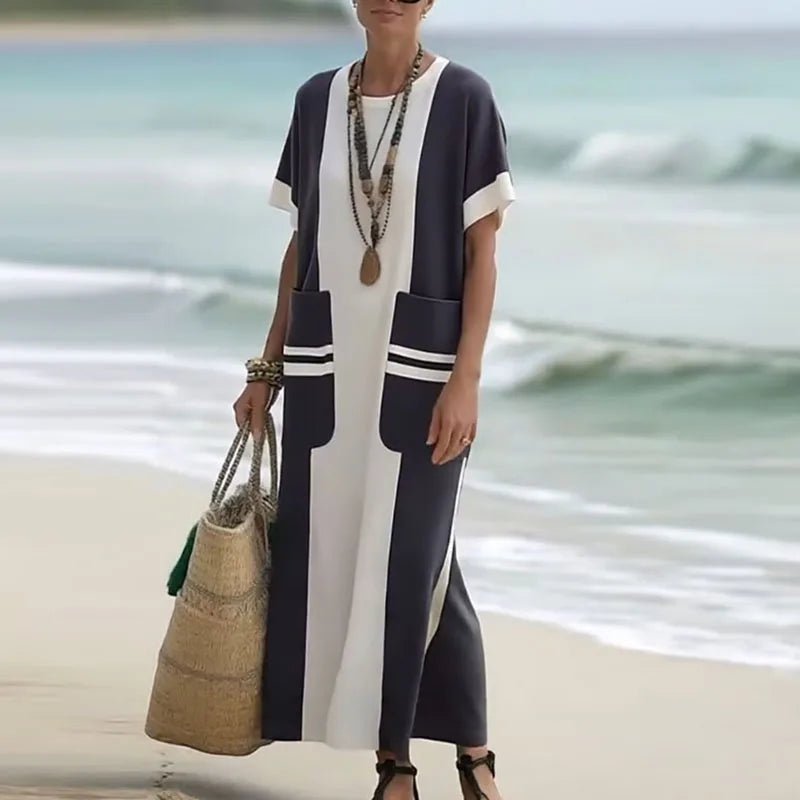 Spring Elegant Crew Neck Holiday Beach Dress Woman Chic Contrast Color Patchwork Long Dress Summer Short Sleeve Split Boho Dress - SN Wigs & More