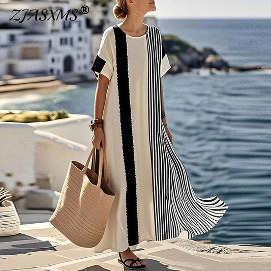 Spring Elegant Crew Neck Holiday Beach Dress Woman Chic Contrast Color Patchwork Long Dress Summer Short Sleeve Split Boho Dress - SN Wigs & More