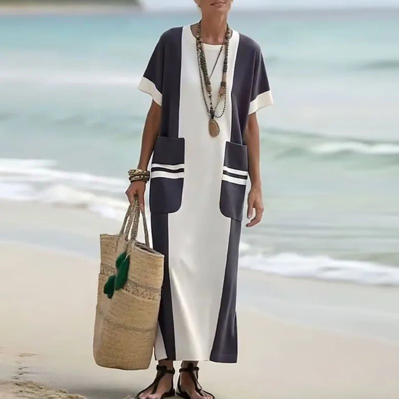 Spring Elegant Crew Neck Holiday Beach Dress Woman Chic Contrast Color Patchwork Long Dress Summer Short Sleeve Split Boho Dress - SN Wigs & More