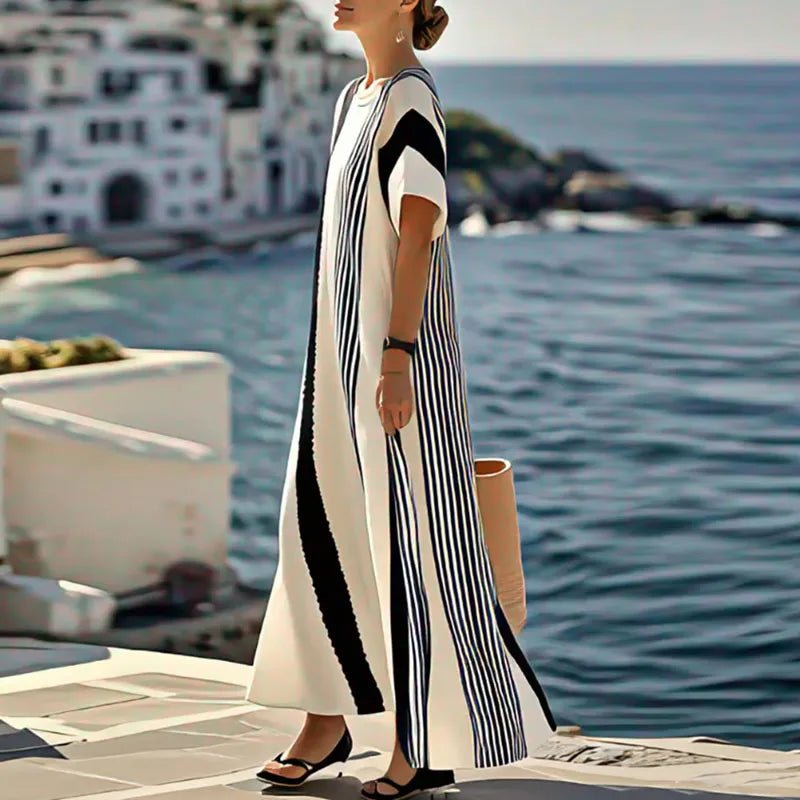 Spring Elegant Crew Neck Holiday Beach Dress Woman Chic Contrast Color Patchwork Long Dress Summer Short Sleeve Split Boho Dress - SN Wigs & More