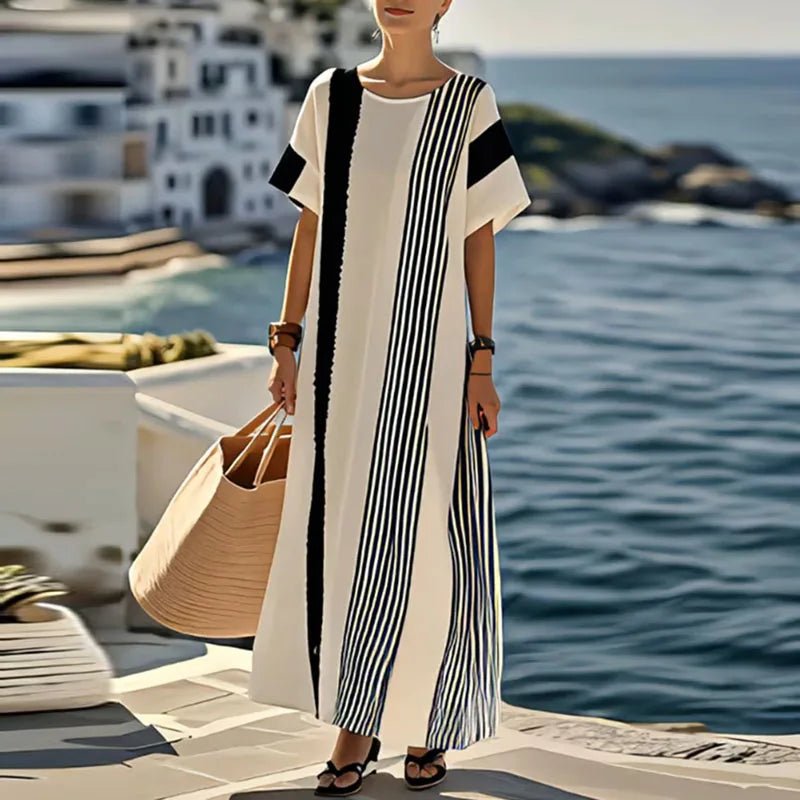 Spring Elegant Crew Neck Holiday Beach Dress Woman Chic Contrast Color Patchwork Long Dress Summer Short Sleeve Split Boho Dress - SN Wigs & More