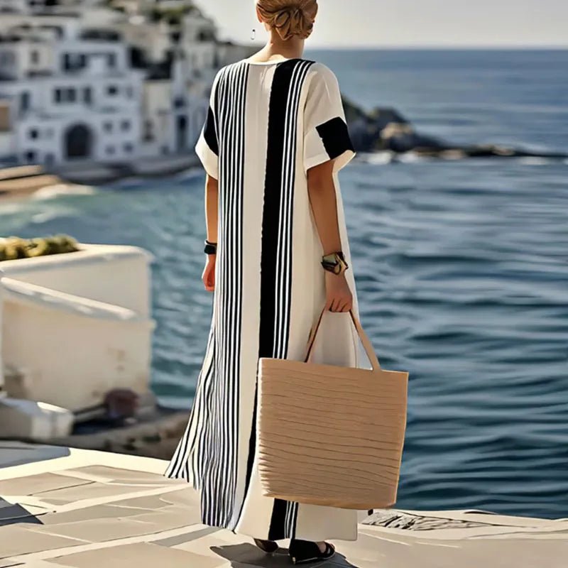 Spring Elegant Crew Neck Holiday Beach Dress Woman Chic Contrast Color Patchwork Long Dress Summer Short Sleeve Split Boho Dress - SN Wigs & More