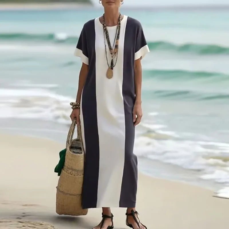 Spring Elegant Crew Neck Holiday Beach Dress Woman Chic Contrast Color Patchwork Long Dress Summer Short Sleeve Split Boho Dress - SN Wigs & More