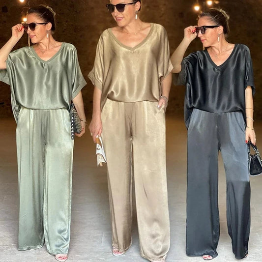 Spring fall new ladies clothing women elegant temperament loose casual t shirt top wide leg pants fashion two piece women's sets