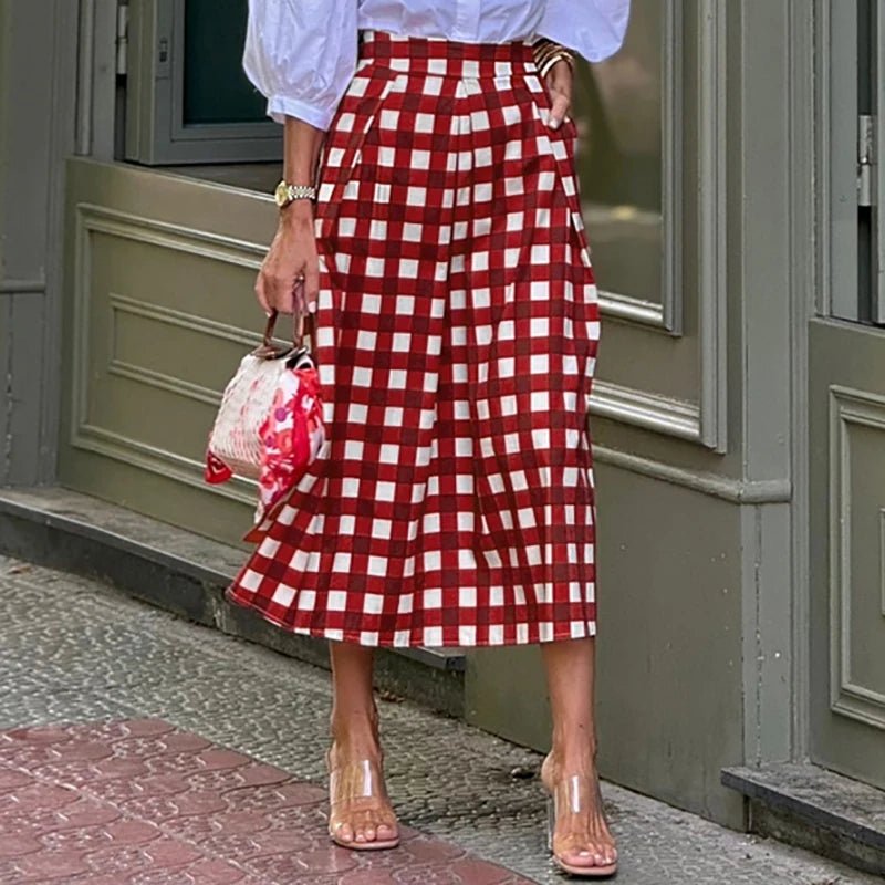 Spring Fashion Plaid Print Commute Skirts for Woman Elegant High Waist A - Line Long Skirt 2025 Summer Casual Female Short Dresses - SN Wigs & More