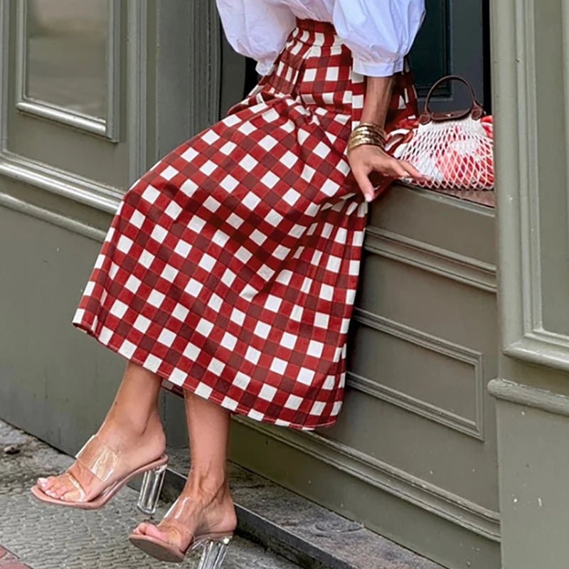 Spring Fashion Plaid Print Commute Skirts for Woman Elegant High Waist A - Line Long Skirt 2025 Summer Casual Female Short Dresses - SN Wigs & More