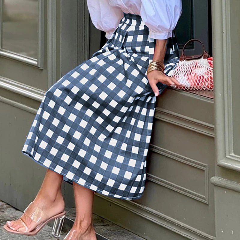 Spring Fashion Plaid Print Commute Skirts for Woman Elegant High Waist A - Line Long Skirt 2025 Summer Casual Female Short Dresses - SN Wigs & More