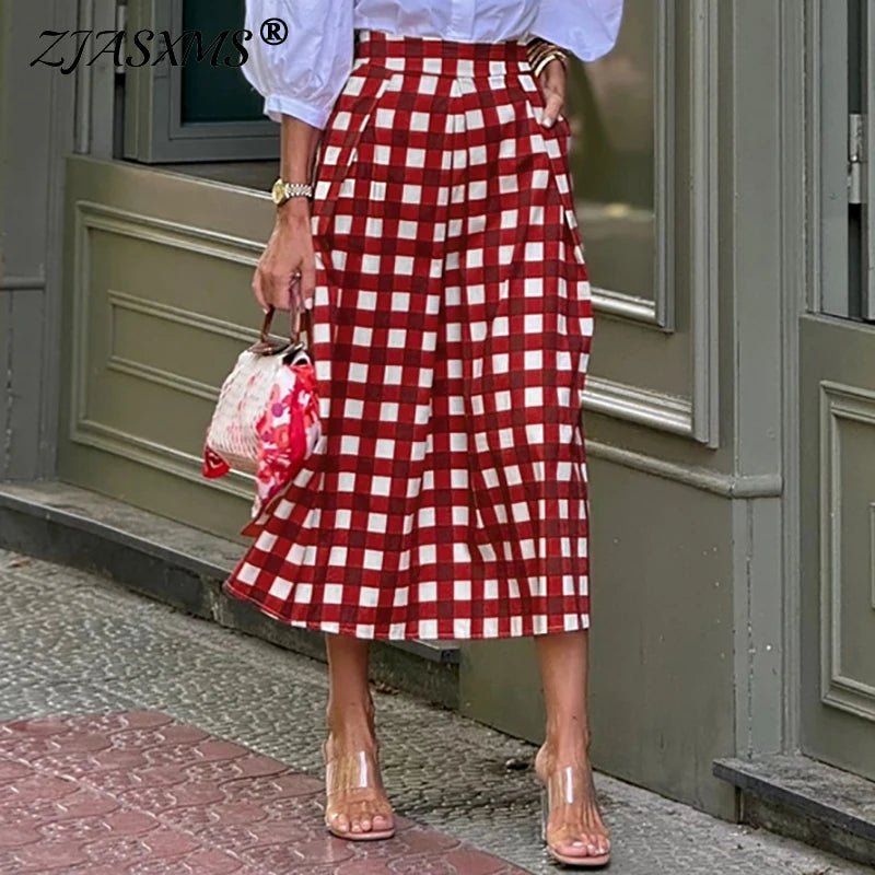 Spring Fashion Plaid Print Commute Skirts for Woman Elegant High Waist A - Line Long Skirt 2025 Summer Casual Female Short Dresses - SN Wigs & More
