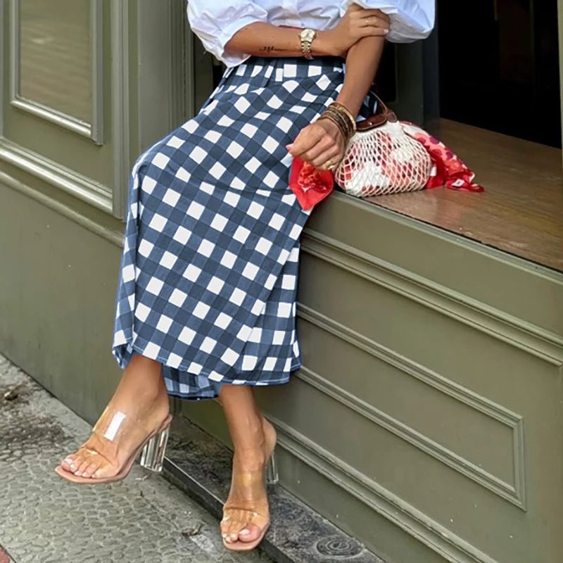 Spring Fashion Plaid Print Commute Skirts for Woman Elegant High Waist A - Line Long Skirt 2025 Summer Casual Female Short Dresses - SN Wigs & More