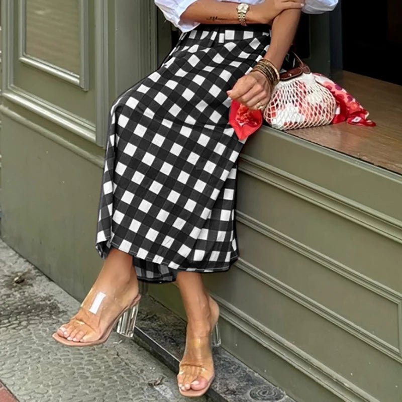 Spring Fashion Plaid Print Commute Skirts for Woman Elegant High Waist A - Line Long Skirt 2025 Summer Casual Female Short Dresses - SN Wigs & More