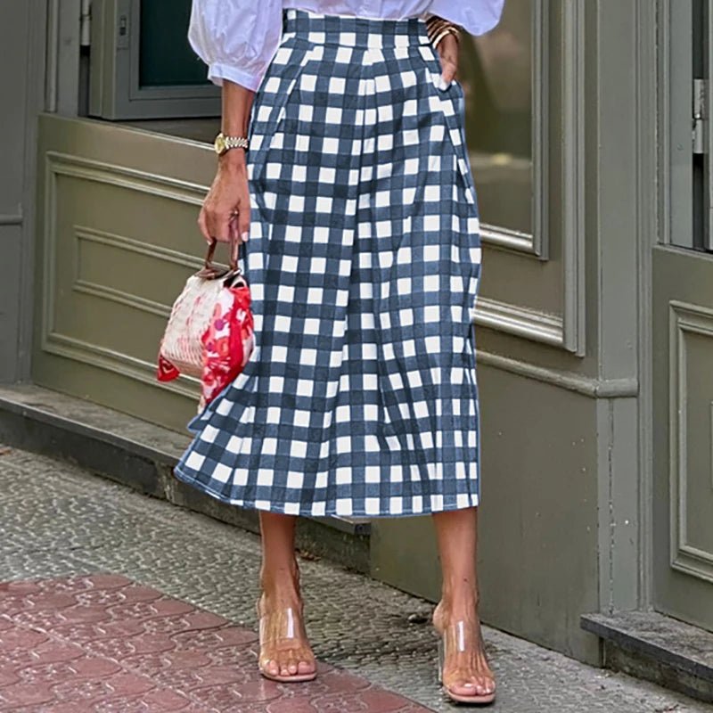 Spring Fashion Plaid Print Commute Skirts for Woman Elegant High Waist A - Line Long Skirt 2025 Summer Casual Female Short Dresses - SN Wigs & More
