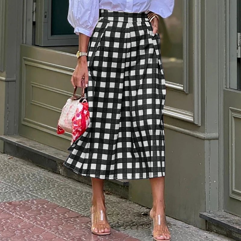 Spring Fashion Plaid Print Commute Skirts for Woman Elegant High Waist A - Line Long Skirt 2025 Summer Casual Female Short Dresses - SN Wigs & More